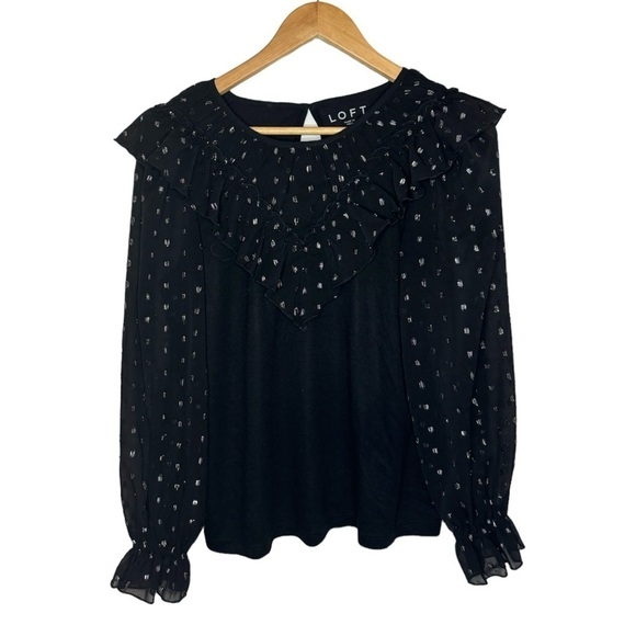 Loft Black Long Sleeve Polka Dot Embroidered Ruffle Medium Petite Top - Picture 2 of 6